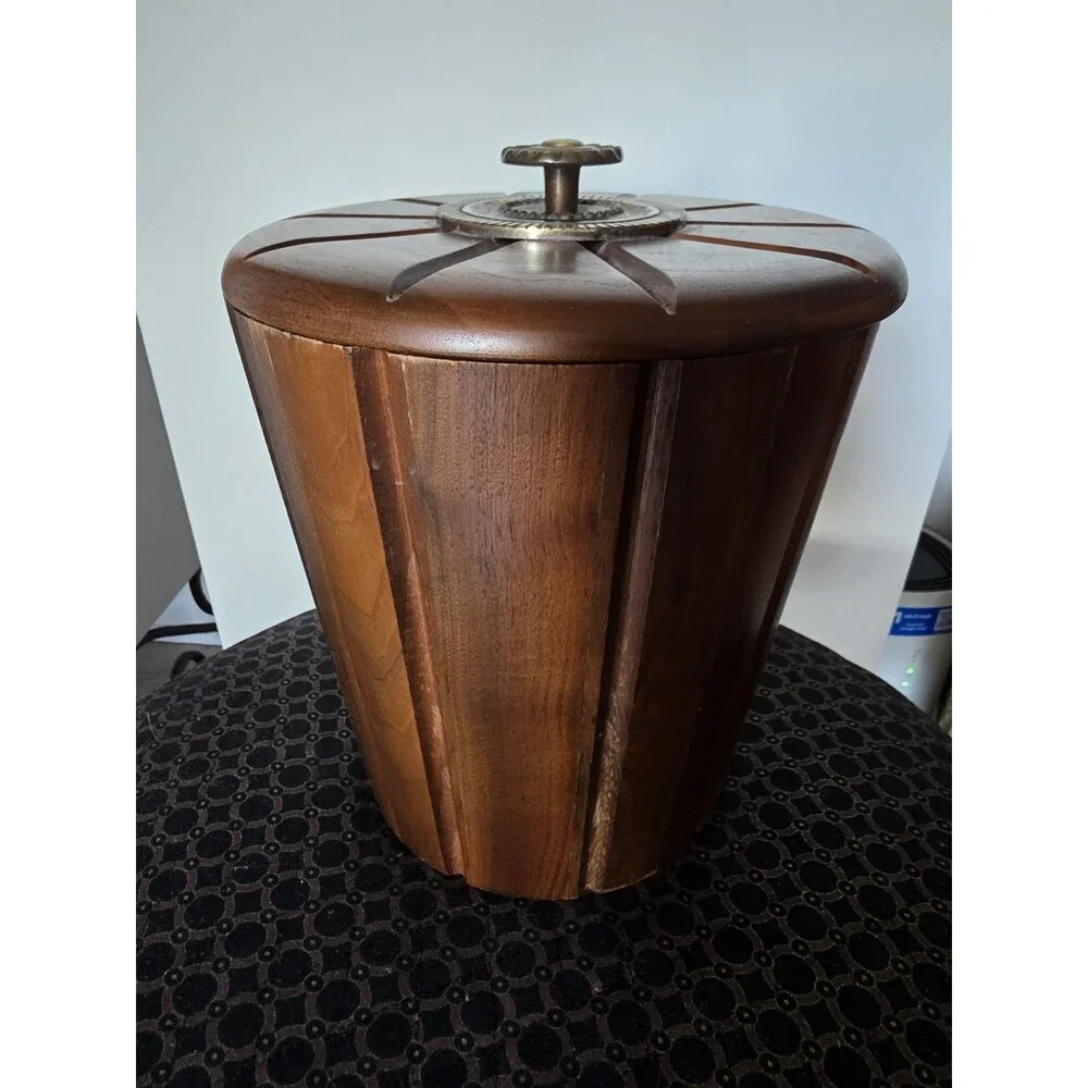 Vintage Barware MCM Wood ICE BUCKET Brass Knob w/Liner VGUC